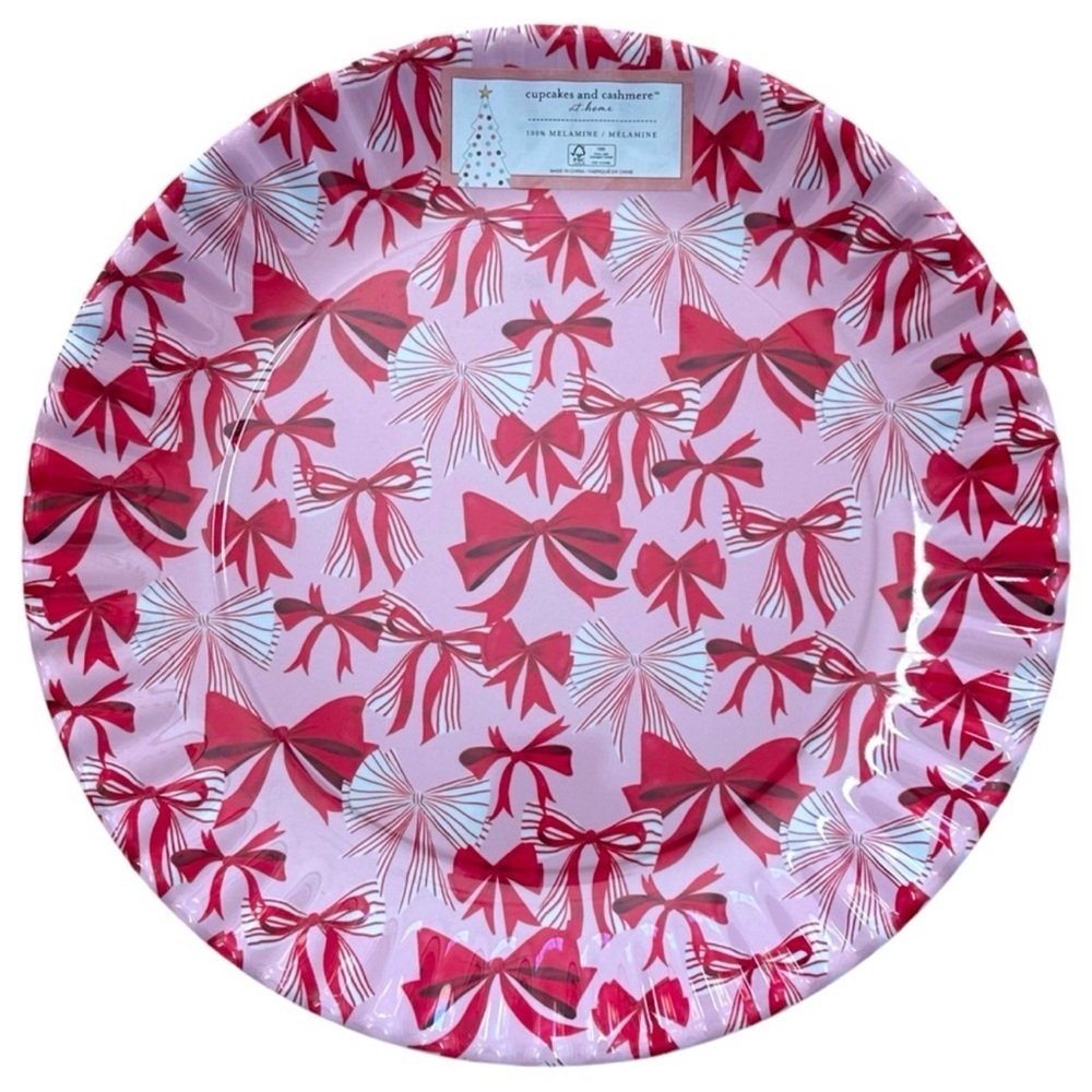 CUPCAKES AND CASHMERE Coquette Christmas Red & Pink Bow Melamine Tray Platter